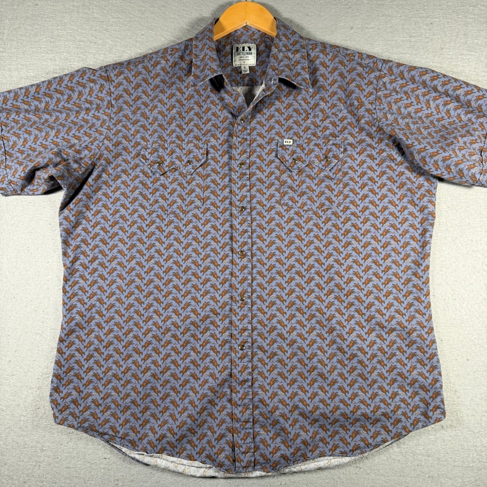 Ely Cattleman Mens XL Blue Bronc Rider Print Short Sleeve Western Snap Shirt